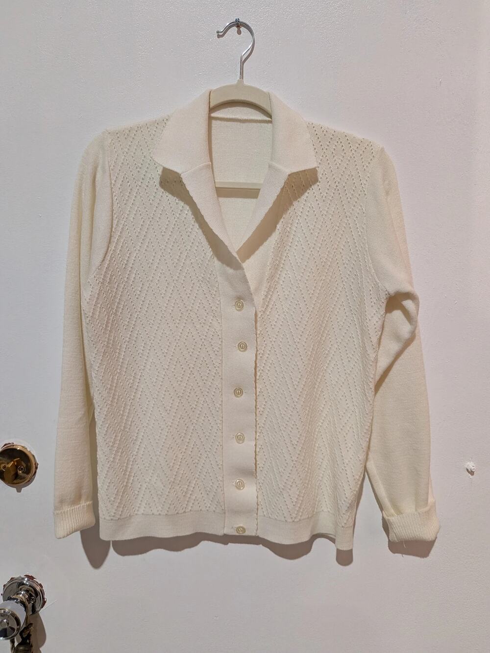 Pointelle Vintage Knit Cardigan Cream Size M
